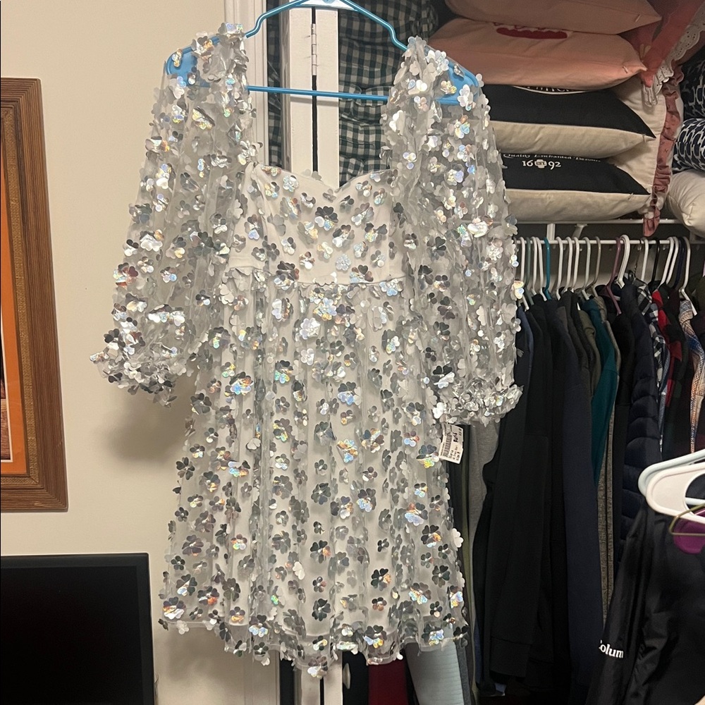 White Sequin Floral Dress